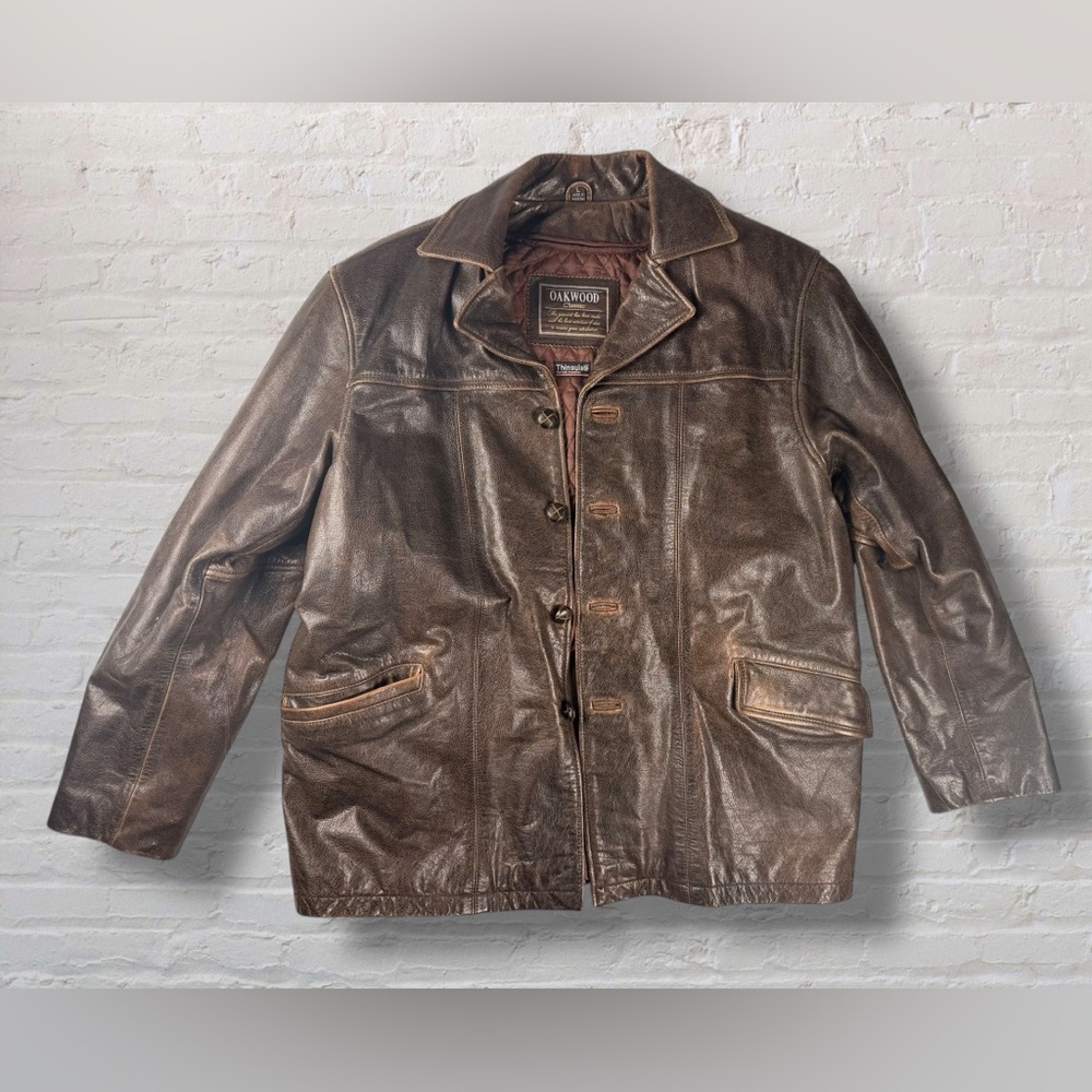 Oakwood Classic Men’s Genuine Leather Coat Brown Thinsulate Large – Vintage - Picture 6 of 17